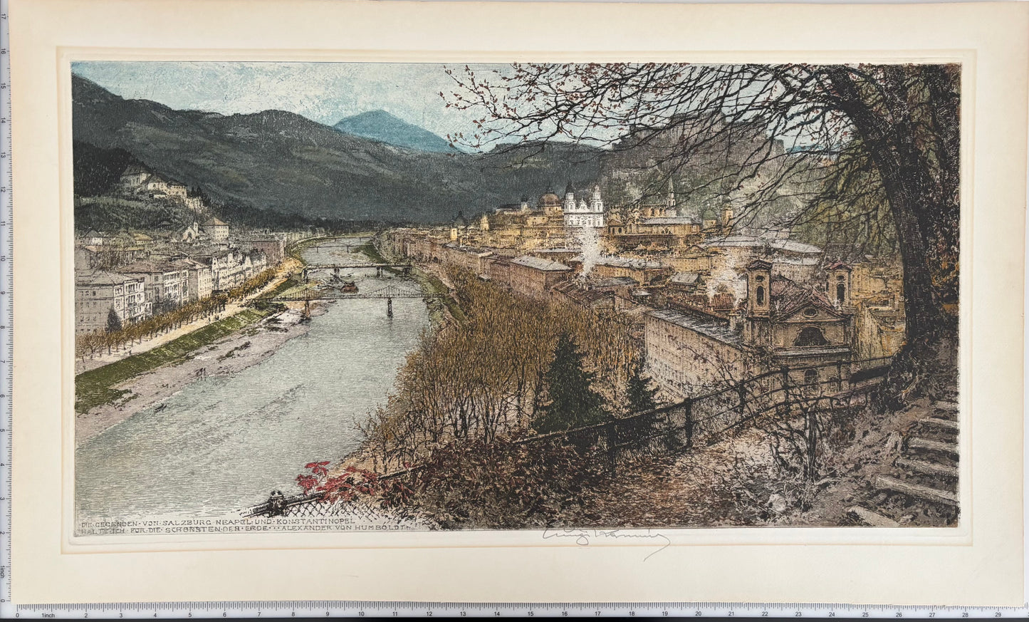 Salzburg, Austria — Signed Hand-Colored Etching by Luigi Kasimir