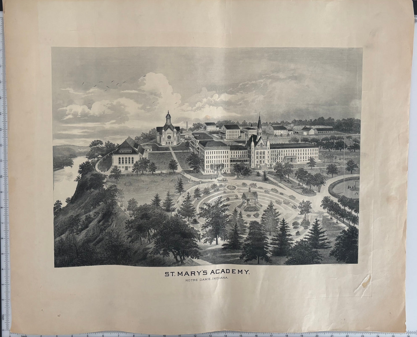 Antique 19th-Century Engraved View of St. Mary’s Academy, Notre Dame, Indiana